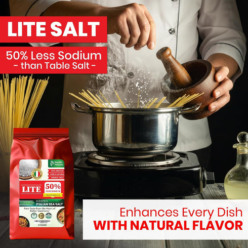 50% 2 Pacific Pelican Iodized Lite Italian Sea Salt, Less Sodium, Coarse Grain, Pound, Natural & Organic; best