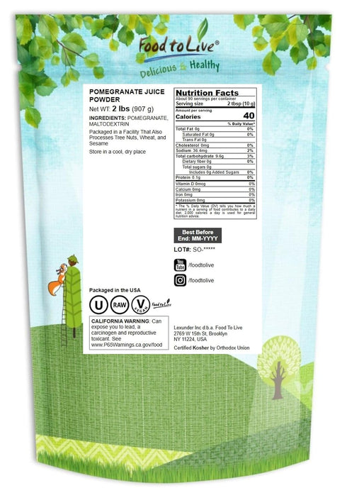 2 100% Food to Live Pomegranate Juice Powder, Pounds Natural Antioxidant, Rich Superfood for Smoothies, Baking