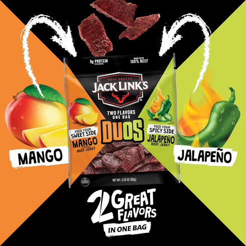 (4 Pack) 3.25 oz 9g 100% Jack Link's DUOs Jalapeno and Mango Beef Jerky - Bags - Ready to Eat Protein Snacks - Protein