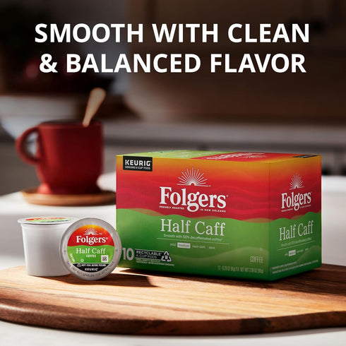 10 Count (Pack 6) Folgers Half Caff Coffee, Medium Roast, Keurig K-Cup Pods