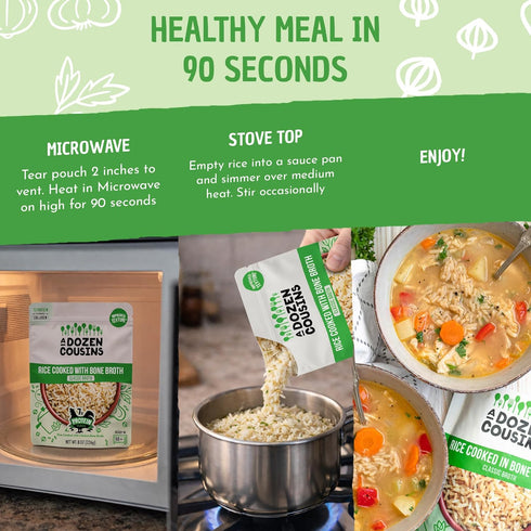 Dozen 6pk, 8oz Packets A Cousins Bone Broth Rice Variety Ready to Eat Seasoned High Protein Rice, Clean Ingredients