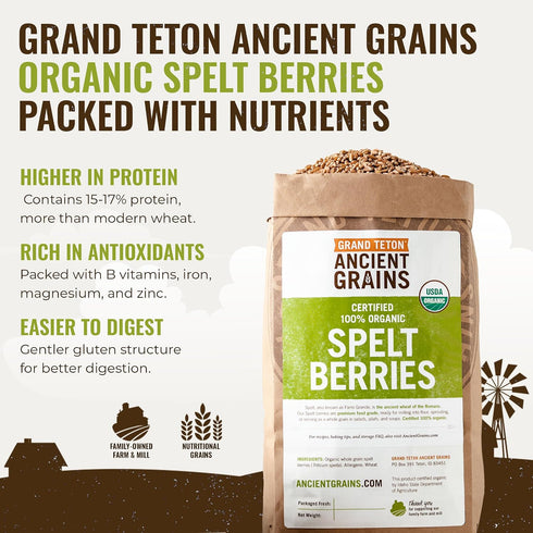 100% 5 lbs, Grand Teton Ancient Grains - Organic Spelt Berries, Whole Unmilled Spelt Berries, US-Grown Farro Organic