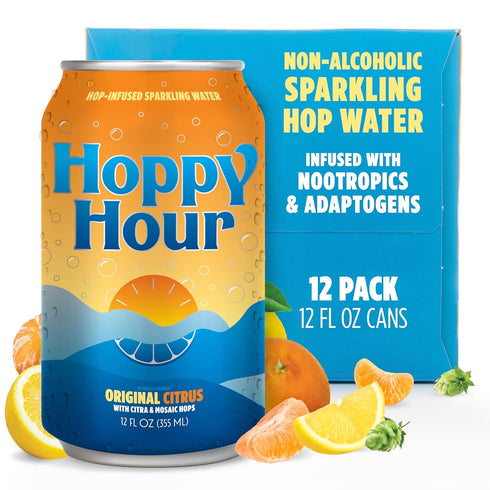 Hoppy Hour Sparkling Hop Water, Non-Alcoholic and Adaptogens Drink, Zero Sugar and Calories, Refreshing