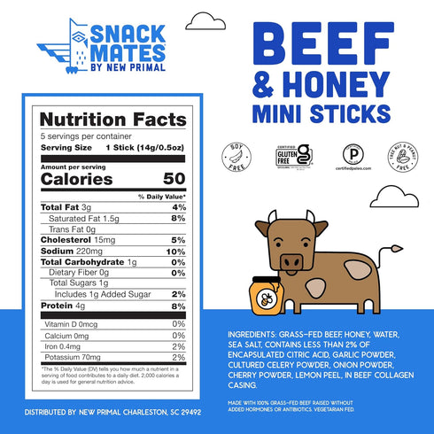 4g 50 40 Pack New Primal Snack Mates Beef & Honey Sticks, Healthy Snacks for Kids, Low Sugar High Protein Back