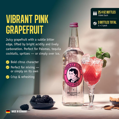 25.4 Oz (750 ml) 3 Pack, Thomas Henry Pink Grapefruit Soda, Premium Cocktail Mixer for Palomas & Cocktails, Fl Bottles