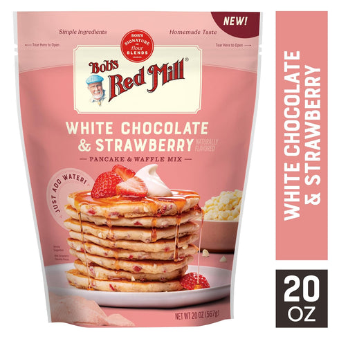 20 (Pack 1) 32-40 Bobs Red Mill White Chocolate & Strawberry Pancake/Waffle Mix, Ounce of Just Add Water, Makes