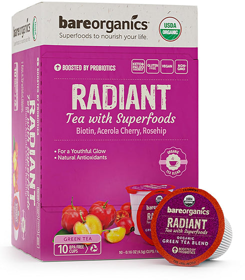 BareOrganics Radiant Tea Pods with Superfoods & Probiotics, USDA Organic, Vegan, Non-GMO, 10ct
