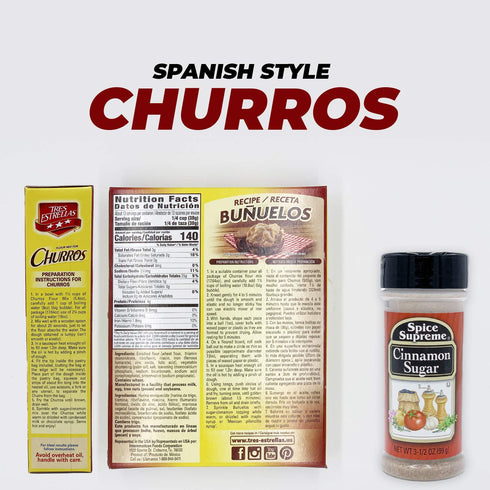 3 Tres Estrellas Churros Mix with Spice Supreme Cinnamon Sugar, Pc. Bundle, Authentic Mexican Batter Powder for Crunchy