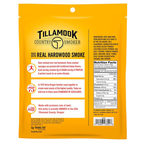 Country 4 (1 Pack) Tillamook Smoker Smoked Sausage, Zero Sugar, Italian Style, Ounce Real Hardwood Smoked Italian