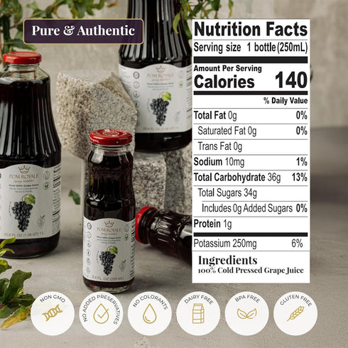 8.4oz (Pack 12), Pure Grape Juice, Glass Bottle of Cold Pressed Juice, Not from Concentrate, Non-GMO, No Sugar Added