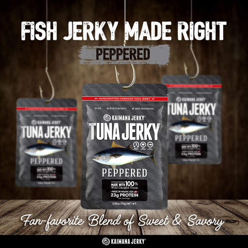 Omega-3s (3 pack, 2 oz) Kaimana Wild-Caught Ahi Tuna Jerky - Peppered | Rich in & High in Protein | All-Natural