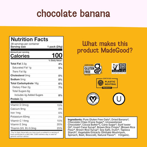 28 Count, MadeGood Chocolate Banana Granola Bites, Organic and Delicious Snacks
