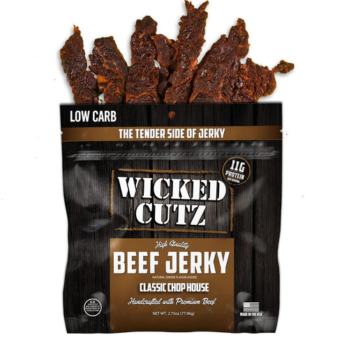 33g (2 Wicked Cutz Classic Chop House Beef Jerky, Protein Per Bag, Tender & Easy to Chew Alternative to Beef Sticks