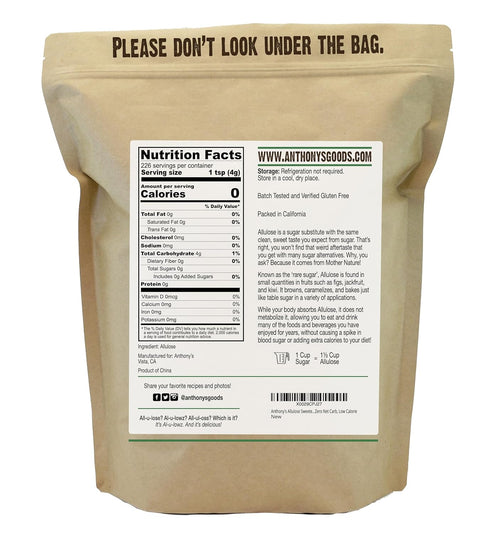 2 lb, Anthony's Allulose Sweetener, Batch Tested Gluten Free, Keto Friendly Sugar Alternative, Zero Net Carb, Low