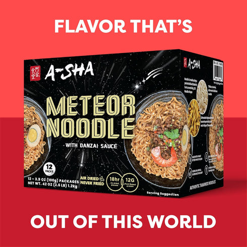 12 Packs, A-Sha Meteor Noodle with Danzai Sauce, Gourmet Asian Taiwanese Healthy Instant Ramen Noodles