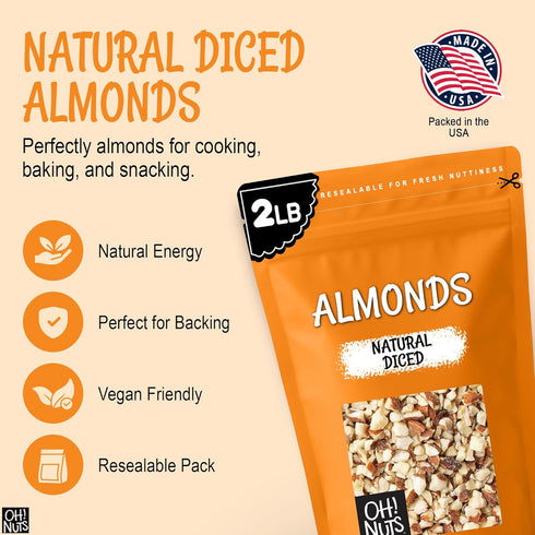 100% 2 lb Packed Oh! Nuts Almonds Natural Diced - Raw - Natural - - High-Protein Diced Almonds - in New York Zip-Seal