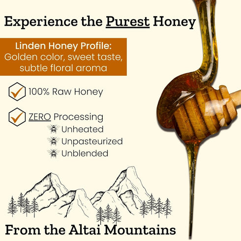 Altay Meadows 100% 454g 16oz Altay Raw Linden Honey - Pure, Unfiltered, Unpasteurized, Ethically Sourced - Glass Jar, /