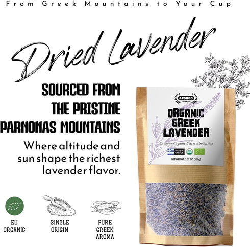 1.76 oz Apsogo Organic Greek Lavender Flowers - Dried Culinary Lavender Buds for Tea, Baking & Sachets - Organic