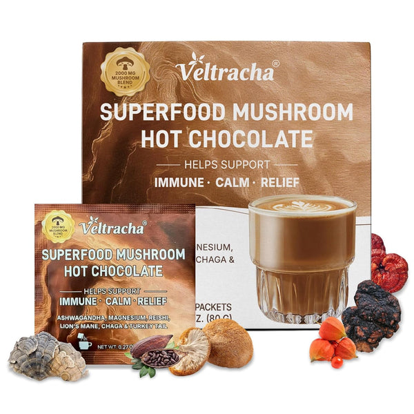 Veltracha Mushroom Hot Cocoa, Magnesium Calm Hot Chocolate Blend with Reishi, Chaga,