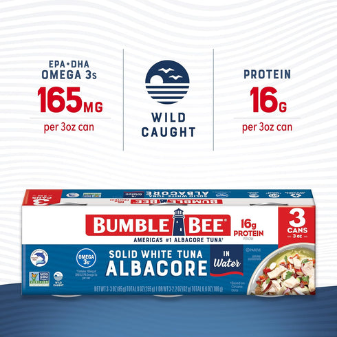 Albacore 3 oz (Pack 3) 16g Omega-3s Bumble Bee Solid White Tuna in Water, Can of - Wild Caught Tuna - Protein per