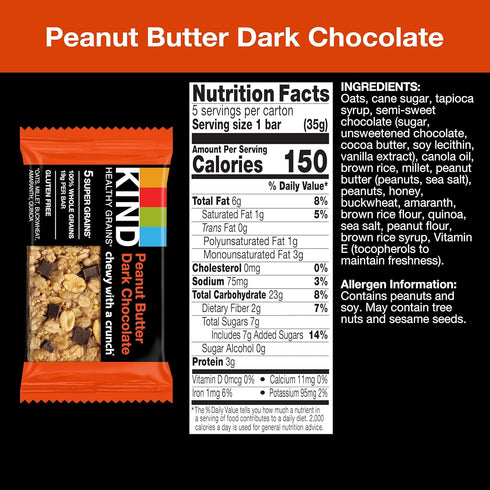 KIND Healthy Grains Bars, Peanut Butter Dark Chocolate, Non-GMO, Gluten Free, 1.2 oz, 5 Count