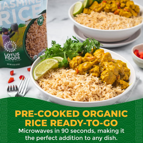 8 Oz (Pack 6) Lotus Foods Organic Brown Jasmine Rice Heat & Eat Pouch - Jasmine Rice, Gluten Free Brown Rice, Organic