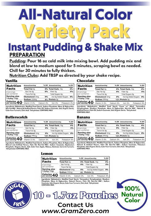 10-Pack GramZero Natural Color VARIETY Sugar Free Pudding Mix (Vanilla, Chocolate, Butterscotch, Banana, Lemon) Great