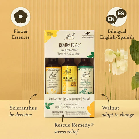 Bach Original Flower Remedies, Ready To Go Kit, For Travel Stress (Non-Alcohol Formula), Natural Homeopathic Flower Essence, Vegan, 3 x 10mL Droppers