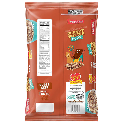 32 OZ Malt-O-Meal Peanut Butter Cups Breakfast Cereal, Made with Real Cocoa and Peanut Butter, Resealable Cereal Bag