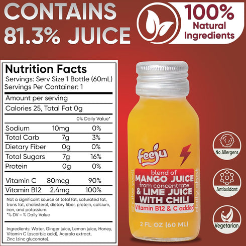 15PCS 2 oz B12, Immunity Feeju Mango Nectar Blend Shot fl Mango Puree, Grape, Lime Juice with Chili and Real Ginger