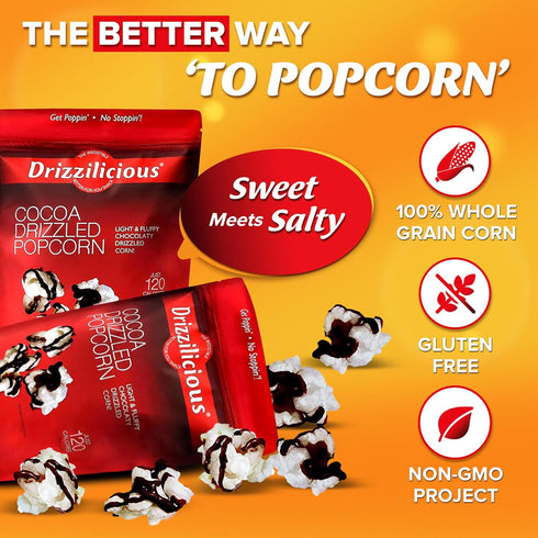 120 3.6 oz (Pack 6) Drizzilicious Cocoa Popcorn - Healthy Chocolatey Flavored Popcorn, Low Cal Kettle Corn, Vegan
