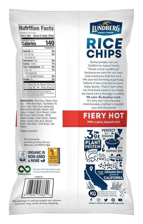 5.5oz, Lundberg Rice Chips, Fiery Hot, Gluten-Free, Kosher, Non-GMO Verified, Whole Grain Brown Rice