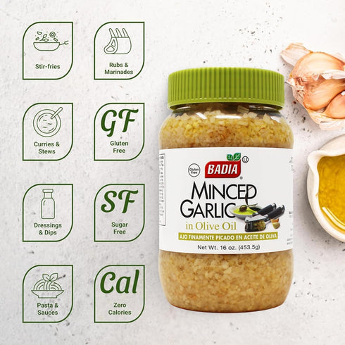 16 oz Badia Minced Garlic in Olive Oil, Fresh Minced Garlic, Bold Flavor for All Purpose Cooking, Gluten Free