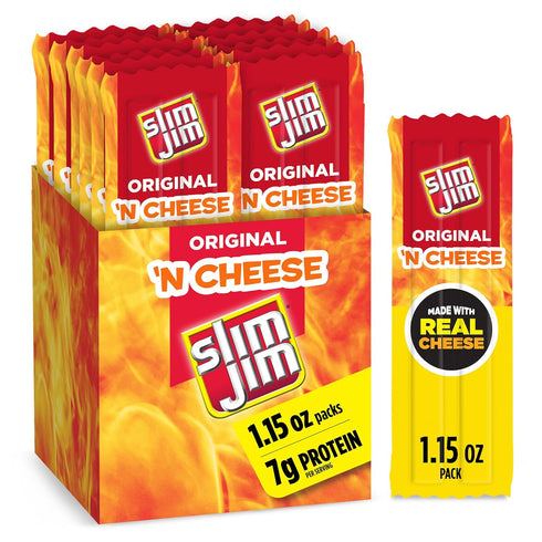 Slim Jim Beef 'N Cheese Smoked Meat Sticks, Original Flavor, 7g Protein