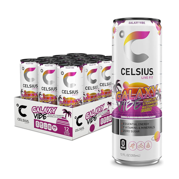 CELSIUS GALAXY VIBE Sparkling Strawberry Watermelon, Sugar Free Energy Drink, 12 Fl