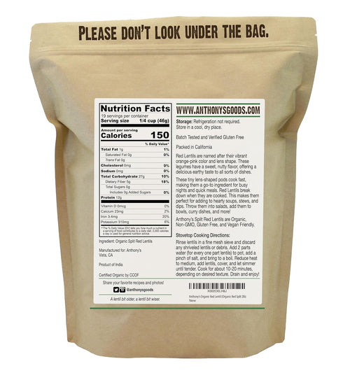 2 lb, (Pack 2) Anthony's Organic Split Red Lentils, Masoor Dal, Gluten Free, Non GMO, Vegan