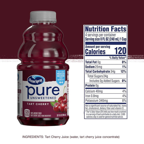 100% 32 Oz Ocean Spray Pure Unsweetened Tart Cherry, Tart Cherry Juice, Fl Bottle