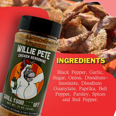 Willie Pete Chicken Seasoning by Grill Your As Off - BBQ & Grill Dry Rub for Beef, Pork, Chicken - 11 oz
