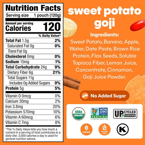 4.22 oz, 6 Count Noka Superfood Fruit Smoothie Pouches, Sweet Potato Goji, Healthy Snacks with Flax Seed, Plant Protein