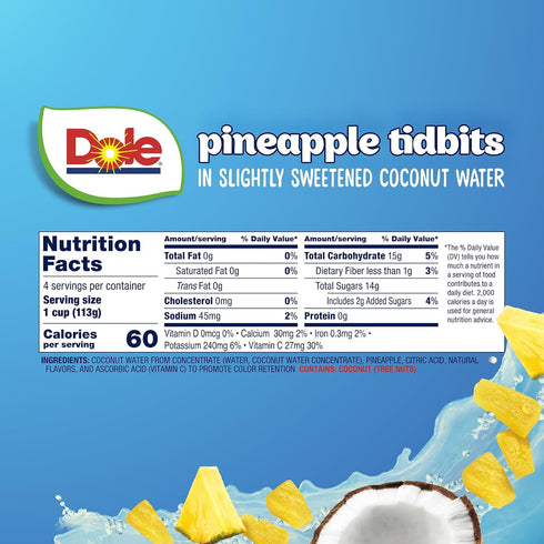 4 oz 24 Pack Dole Pineapple Tidbits in Coconut Water - Dole Fruit Bowls Snacks - Fruit Bowls