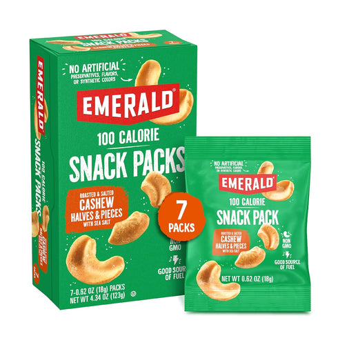 Emerald Nuts Roasted and Salted Cashews 7ct (1-Pack), 100-Calorie Individual Packs, Plant-Based