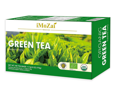 Imozai Organic Green Tea Bags, 100 Count Individually Wrapped