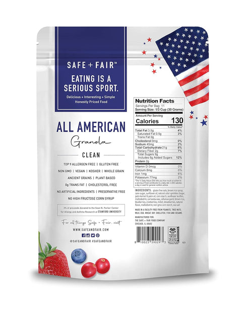 12oz Safe + Fair All American Granola Gluten-Free & Vegan Snack Whole Grain Oats with Real Strawberries, Blueberries