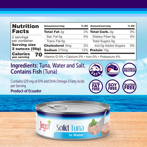 Pack 12 5oz Jego Solid Tuna in Water | Wild Natural Catch Tuna | Keto | Low Carb | Gluten Free | Soy Free | Canned |