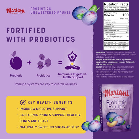 Mariani Probiotic Prunes Pitted Unsweetened, 7oz Bulk Dried Fruits, No Sugar Added for Healthy Bones and Digestive