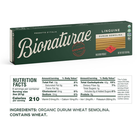16 Oz, 6 Pack Bionaturae Linguine Pasta Noodles - Durum Semolina Pasta, Kosher, High Protein, Non-GMO, USDA Certified