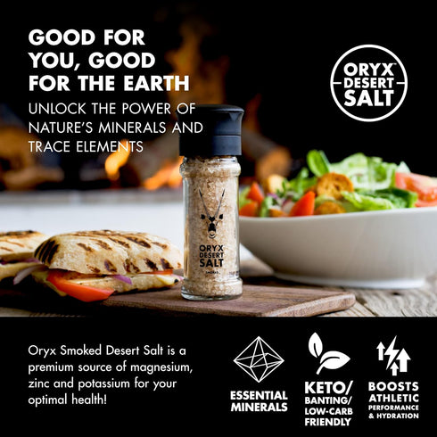 3.52 oz Oryx Smoked Desert Salt Grinder Refillable Sea-salt Alternative - Ceramic Mill for Coarse Kosher Mineral Smoked