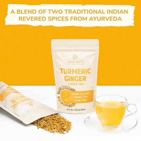BREWIX Turmeric Ginger Loose Herbal Tea, 100+ Cups, 7.05oz/200g, Naturally Caffeine Free, Real Ingredients from India