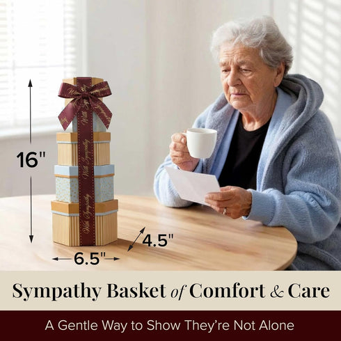 Broadway Basketeers Sympathy Gift Tower Box Premium Snack Tower with Cookies, Sweets and Savory Treats - Thoughtful
