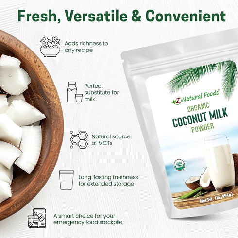 1 lb Z Natural Foods Organic Coconut Milk Powder - All-Natural Vegan Dairy-Free Alternative with MCTs - Unsweetened